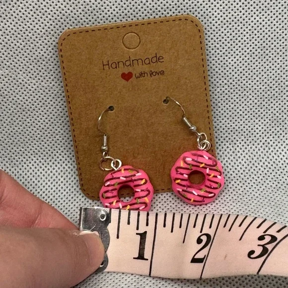 Handmade Bright Pink Donut Earrings - Picture 5 of 6